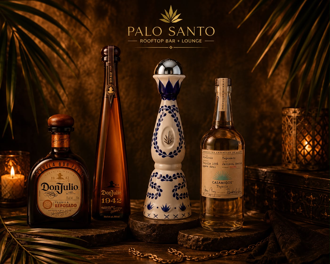 Tequila bottles at Palo Santo rooftop