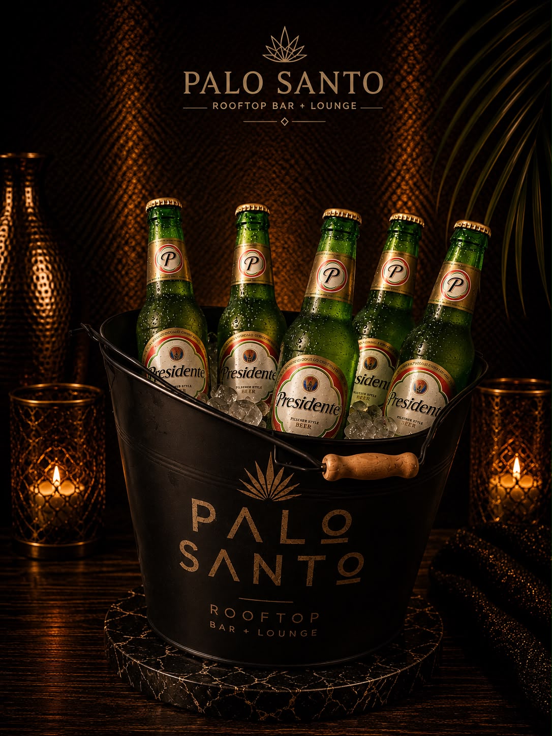 Palo Santo branded bucket with iced Presidente bottles