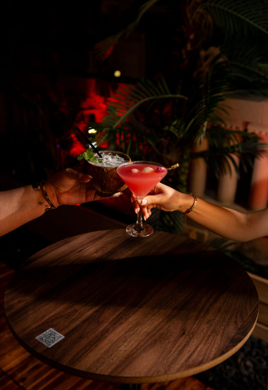 Two guests toasting with signature cocktails