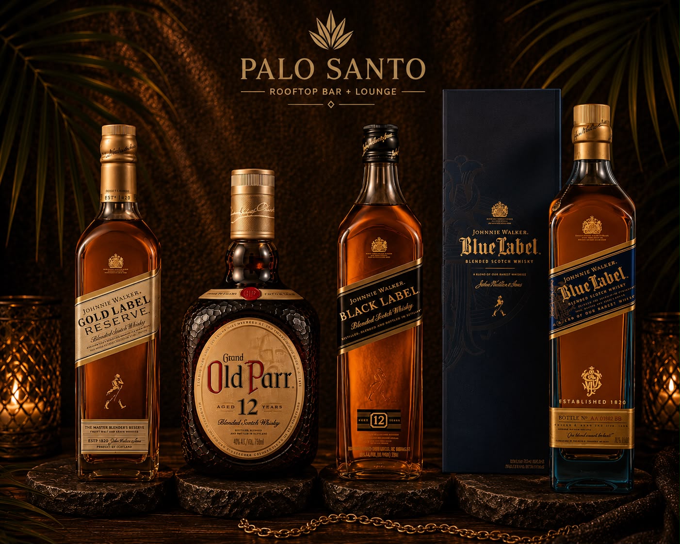 Scotch bottles at Palo Santo rooftop