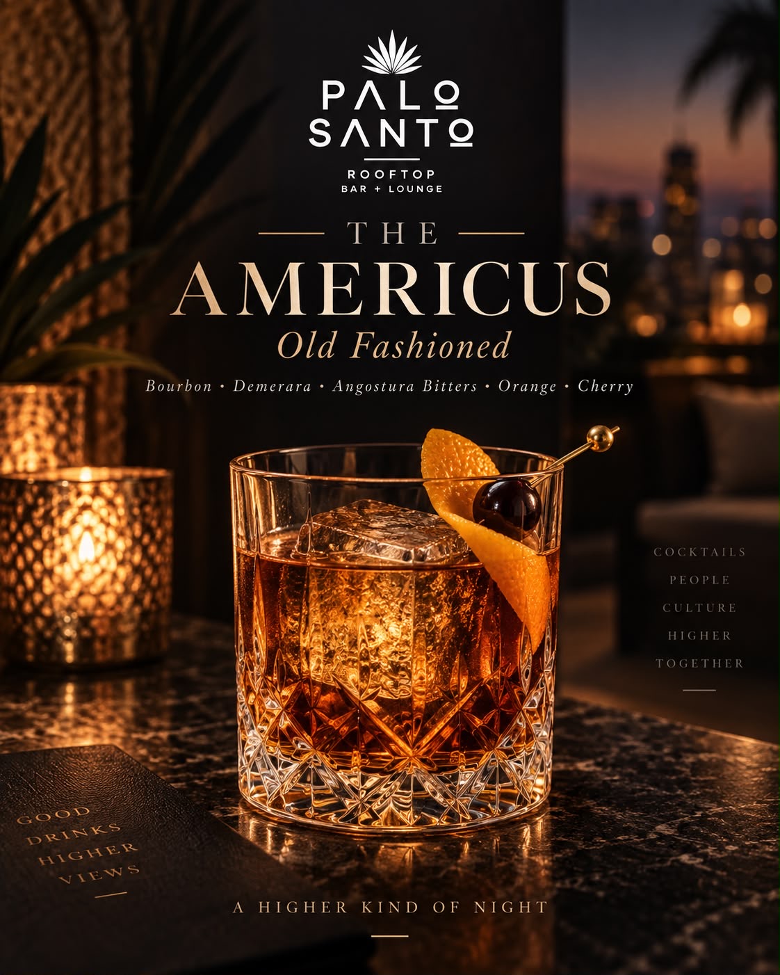 The Americus Old Fashioned with orange peel and cherry against the rooftop skyline