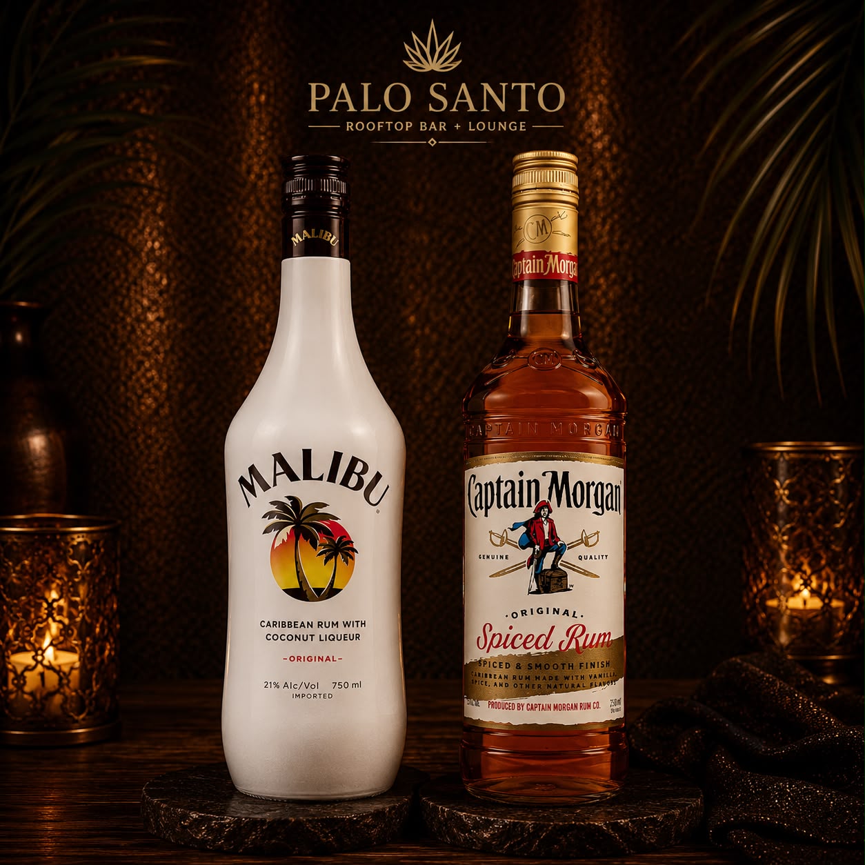 Rum bottles at Palo Santo rooftop