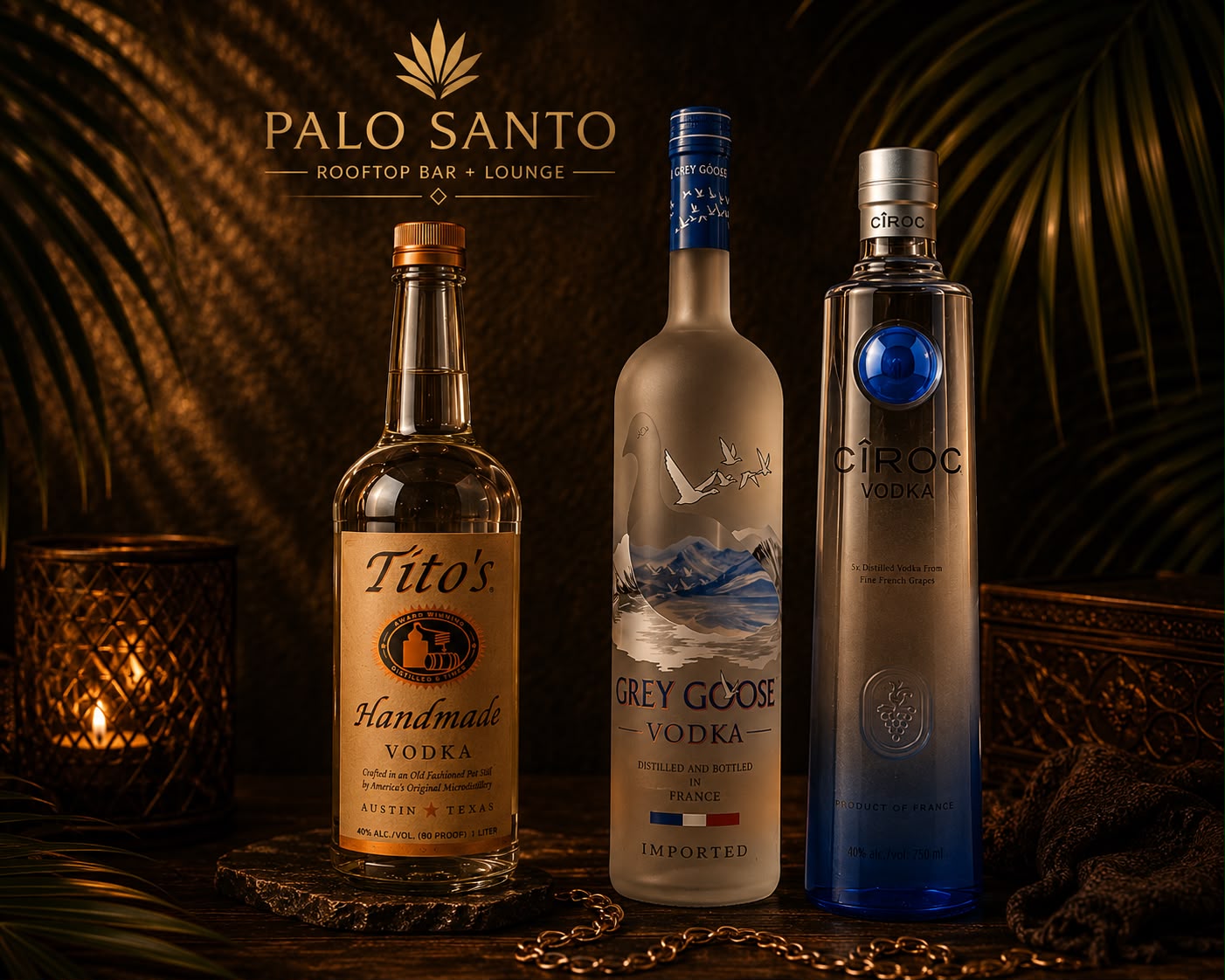 Vodka bottles at Palo Santo rooftop