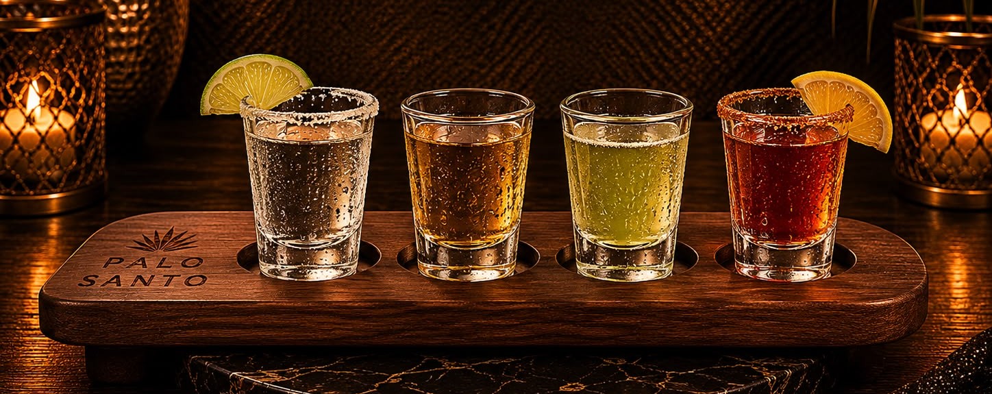Palo Santo branded wooden flight board with four assorted shots