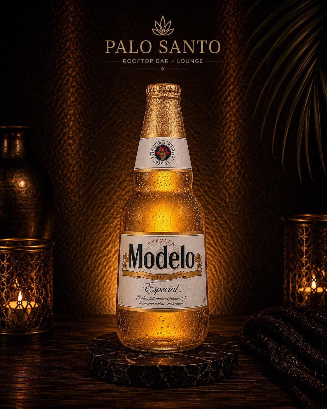 Modelo Especial bottle in warm candlelight