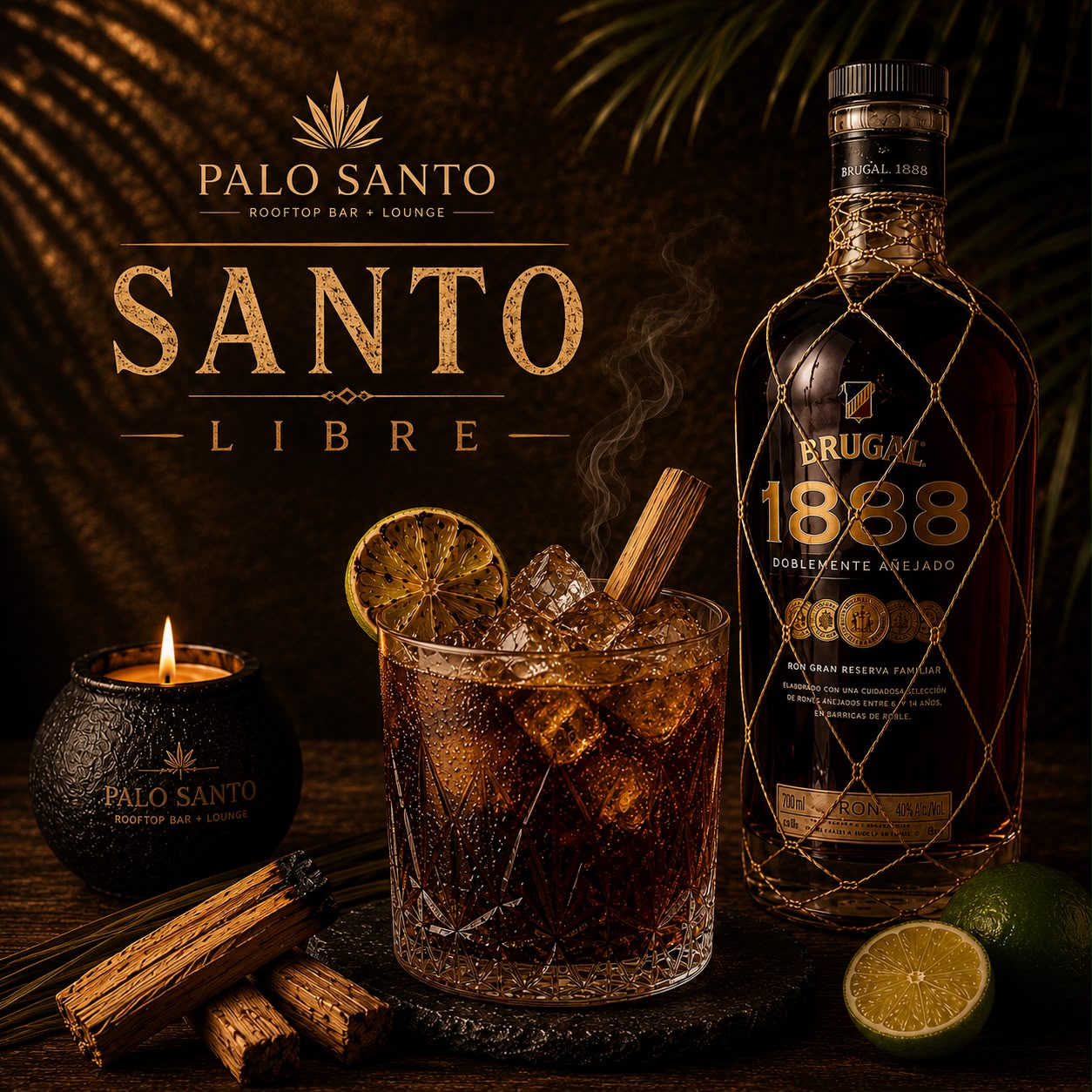Santo Libre smoked rum and cola cocktail beside a Brugal 1888 bottle