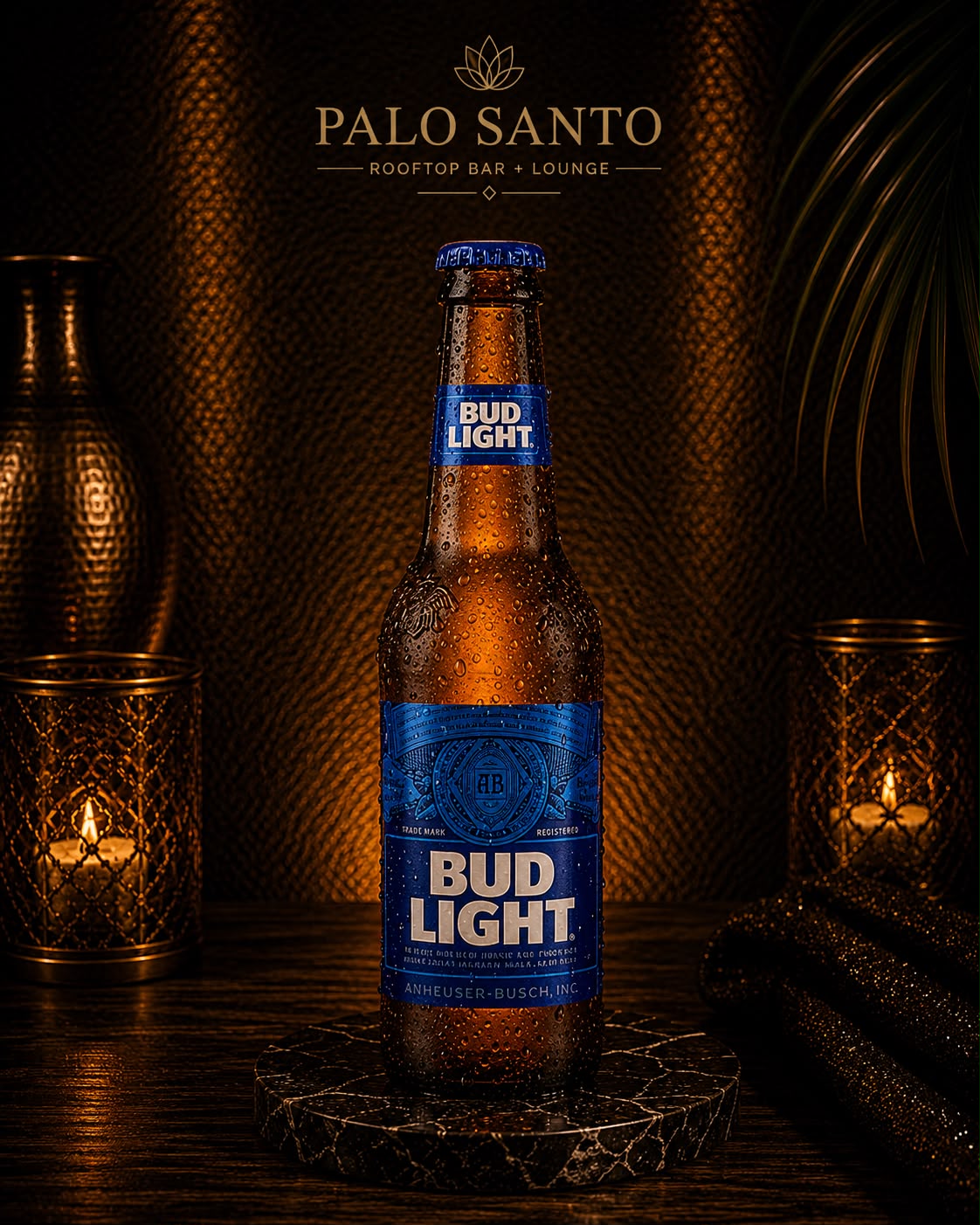 Bud Light bottle lit by warm lanterns