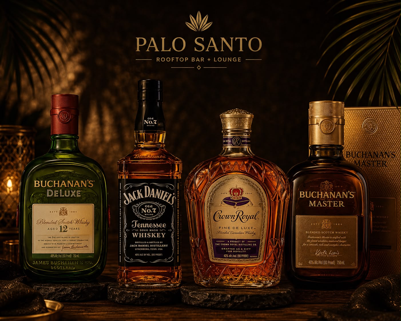 Whiskey bottles at Palo Santo rooftop