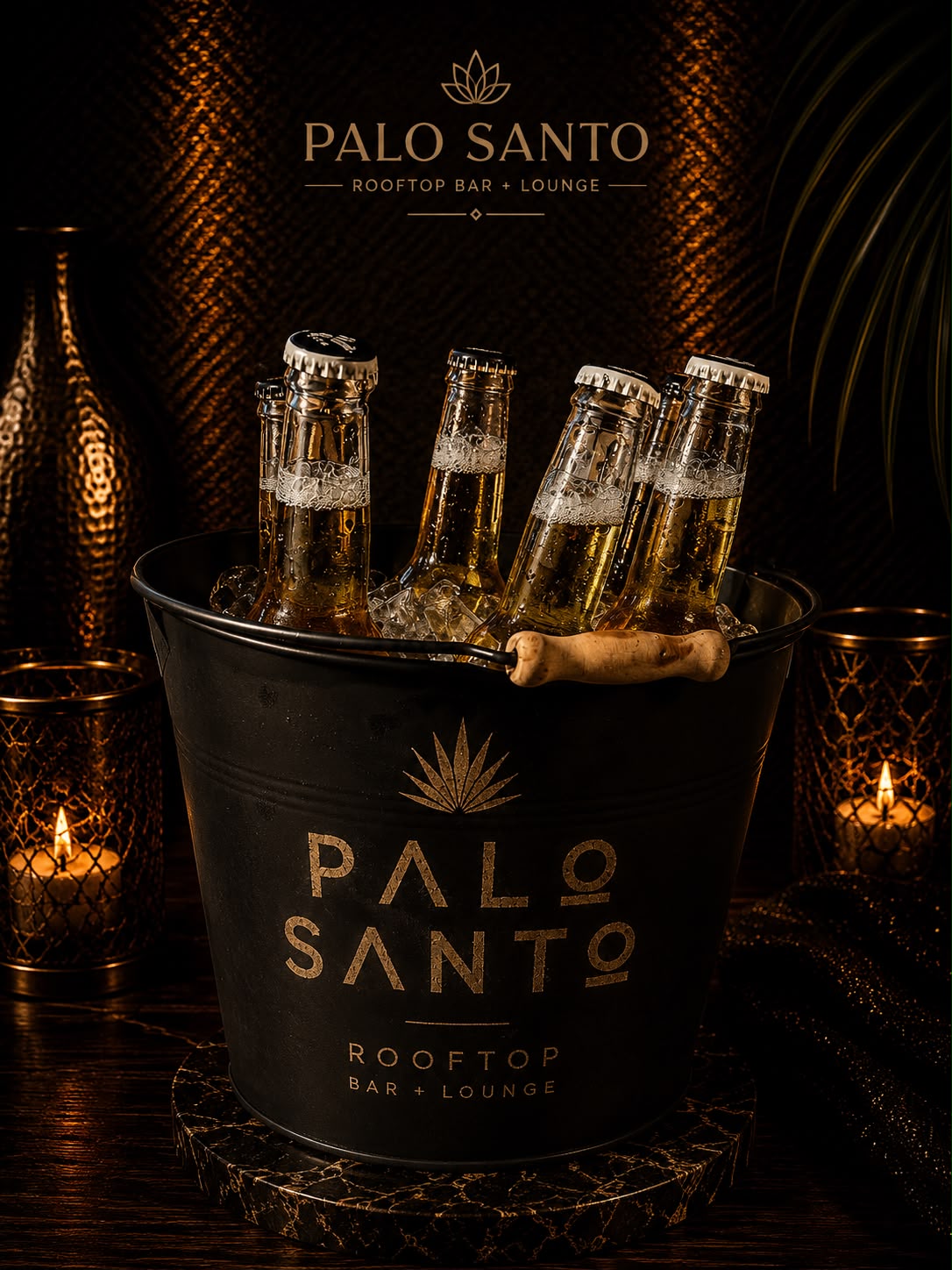 Palo Santo branded bucket with iced domestic beer bottles