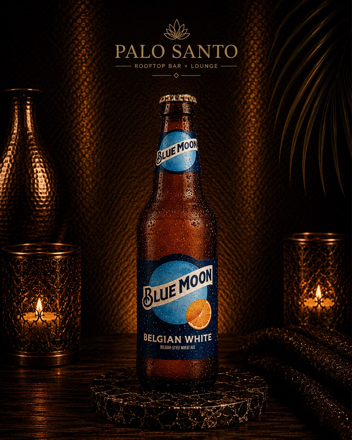 Blue Moon Belgian White bottle in warm candlelight