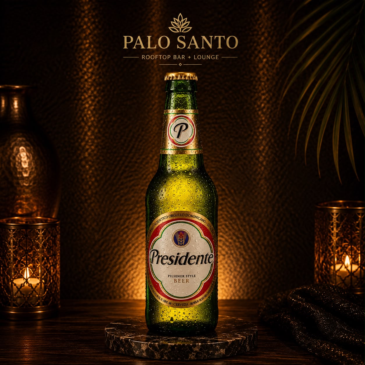 Presidente beer bottle on a marble coaster