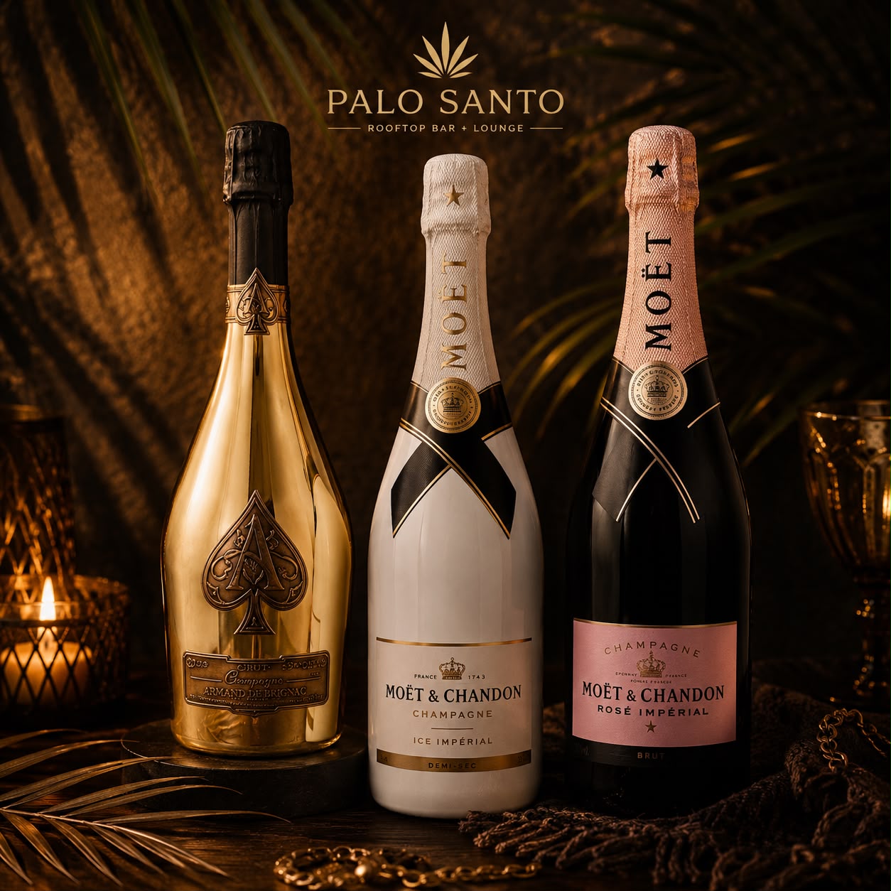 Champagne bottles at Palo Santo rooftop