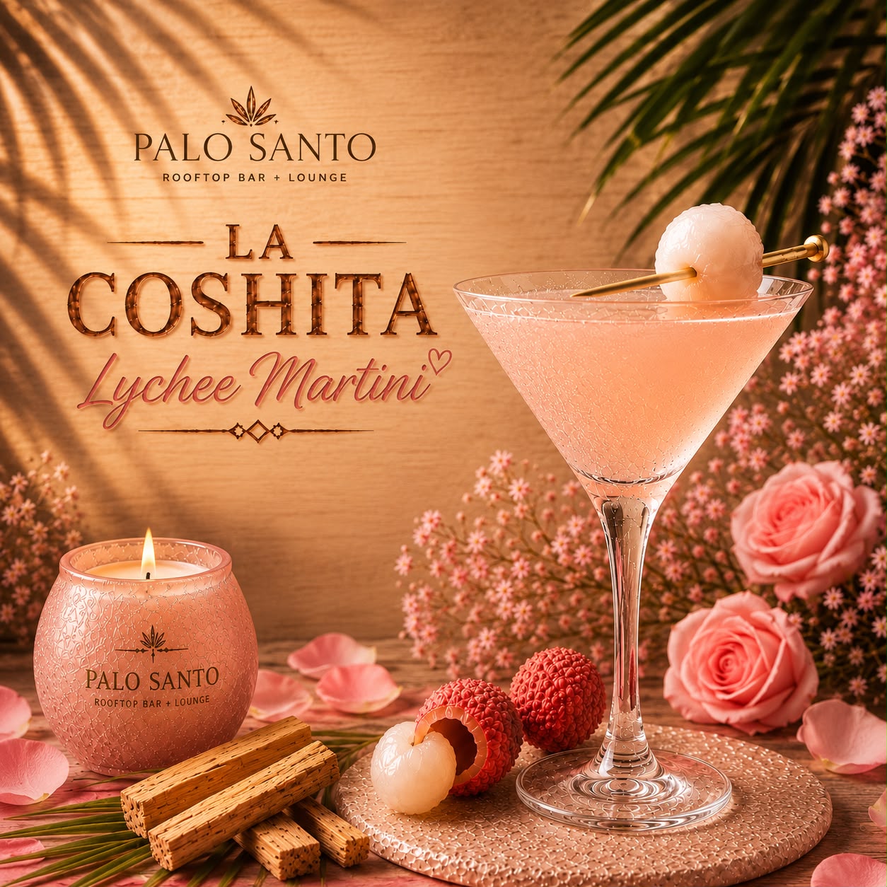 La Coshita lychee martini served with a lychee garnish